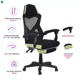 Irodai/gamer szék, fekete/zöld, teherbírás 150 kg, JORIK