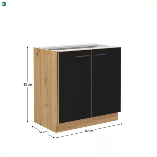Alsó konyhaszekrény, matt fekete/artisan tölgy, MONRO 80 D 2F BB