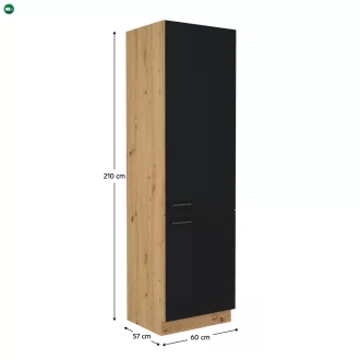   Szekrény beépített hűtőre, matt fekete/artisan tölgy, MONRO 60 LO-210 2F