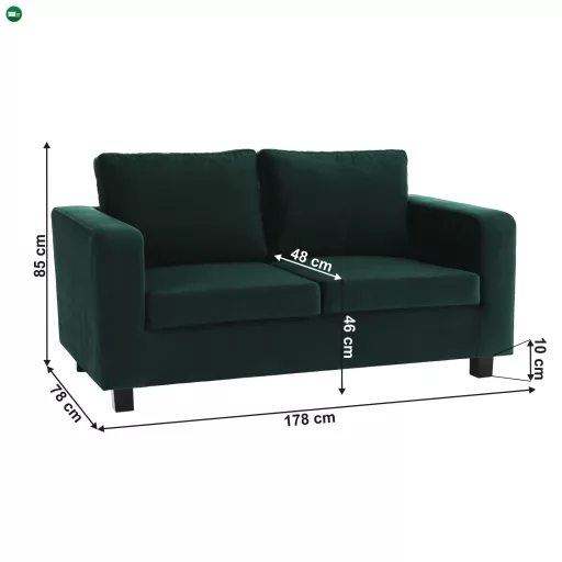 Teljesen kárpitozott heverő, 3-as ülés, smaragd szövet, LUANA