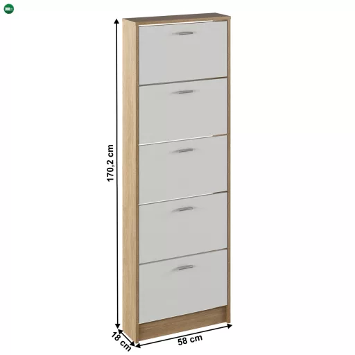 Cipősszekrény, 5 soros, sonoma tölgy/fehér, MOBI 15