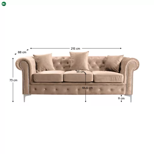 Kinyitható luxus 3-as ülés, világosbarna Velvet szövet, ROMANO