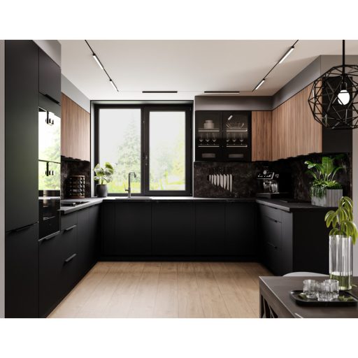 Alsó sarokszekrény, okapi dió/fekete, MENZO 90x90 DN 2F BB