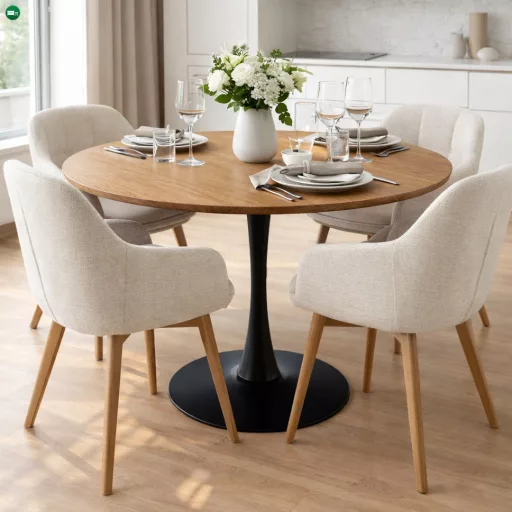 Étkezőasztal, kerek, tölgy/fekete, átmérő 110 cm, REVENTON NEW