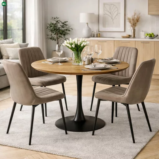 Étkezőasztal, kerek, tölgy/fekete, átmérő 110 cm, REVENTON NEW