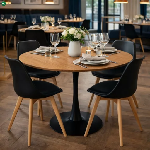 Étkezőasztal, kerek, tölgy/fekete, átmérő 110 cm, REVENTON NEW