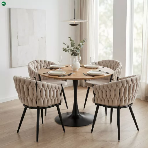 Étkezőasztal, kerek, tölgy/fekete, átmérő 110 cm, REVENTON NEW