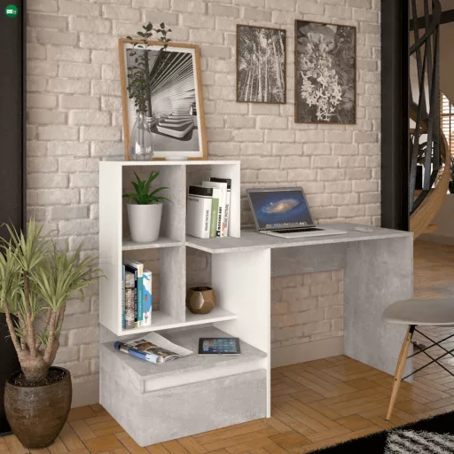 Számítógépasztal, beton/fehér, NEREO NEW