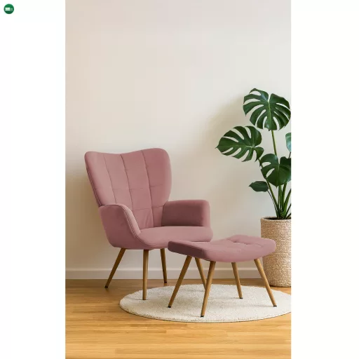 Fotel lábtartóval, rózsaszín Velvet szövet/tölgy, HABEN
