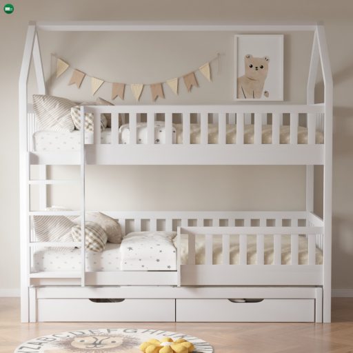 Montessori emeletes ágy pótággyal, fehér, VENITA TYP 1