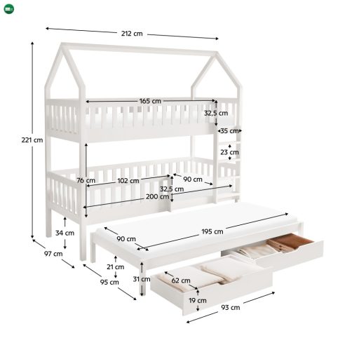 Montessori emeletes ágy pótággyal, fehér, VENITA TYP 1