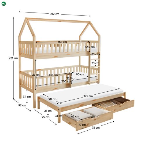 Montessori emeletes ágy pótággyal, természetes, VENITA TYP 1