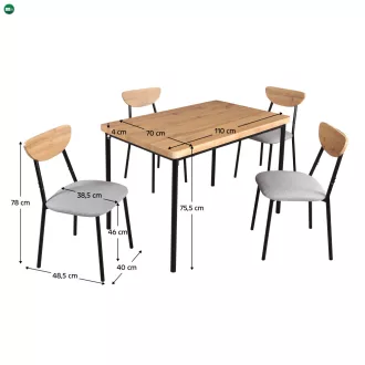   Étkezőgarnitúra 1+4, világos tölgy/szürke/fekete, MADIO