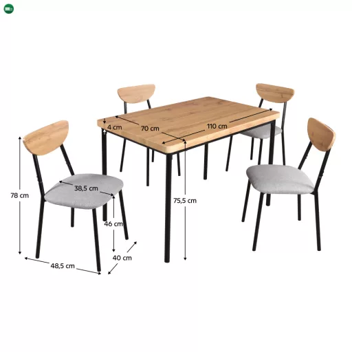Étkezőgarnitúra 1+4, világos tölgy/szürke/fekete, MADIO