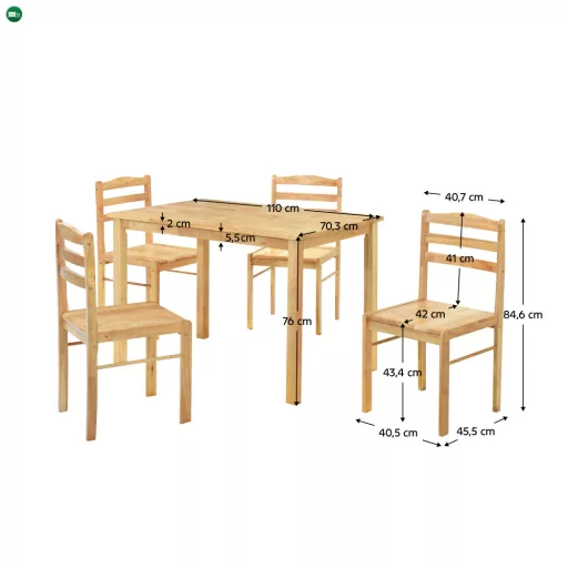 Étkezőgarnitúra 1+4, tömör fa, természetes, LOAK