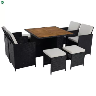   Kerti rattan szett, akácfa, fekete/krémszínű/természetes, MELFORD