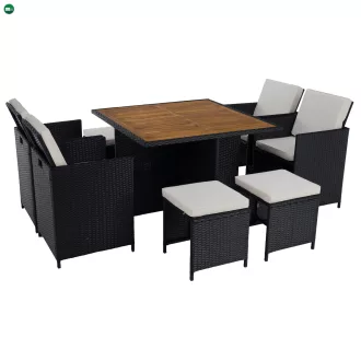   Kerti rattan szett, akácfa, fekete/krémszínű/természetes, MELFORD