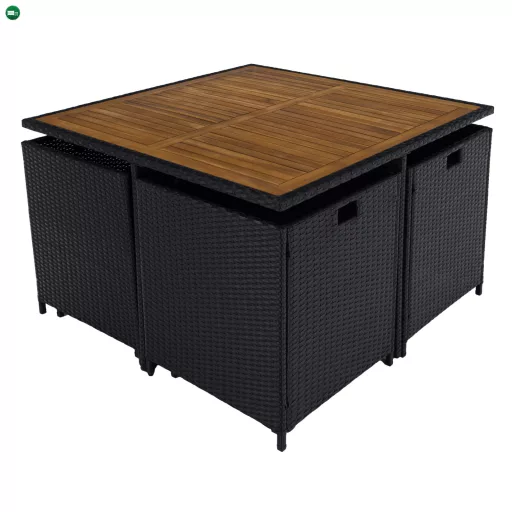 Kerti rattan szett, akácfa, fekete/krémszínű/természetes, MELFORD