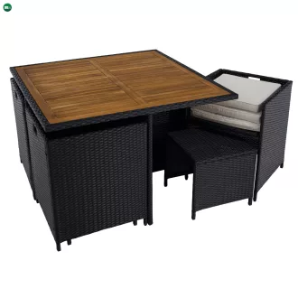   Kerti rattan szett, akácfa, fekete/krémszínű/természetes, MELFORD