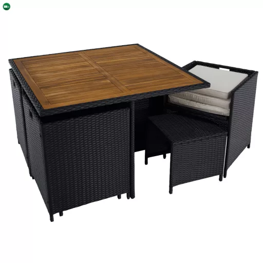Kerti rattan szett, akácfa, fekete/krémszínű/természetes, MELFORD