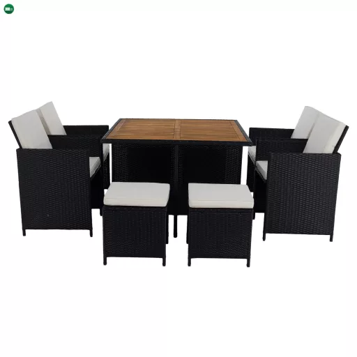 Kerti rattan szett, akácfa, fekete/krémszínű/természetes, MELFORD