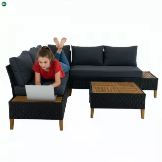   Kerti rattan szett, akácfa, fekete/szürke/természetes, MALKOM