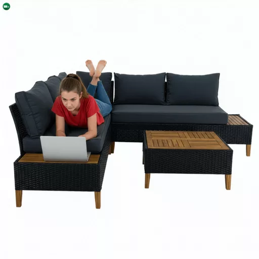 Kerti rattan szett, akácfa, fekete/szürke/természetes, MALKOM