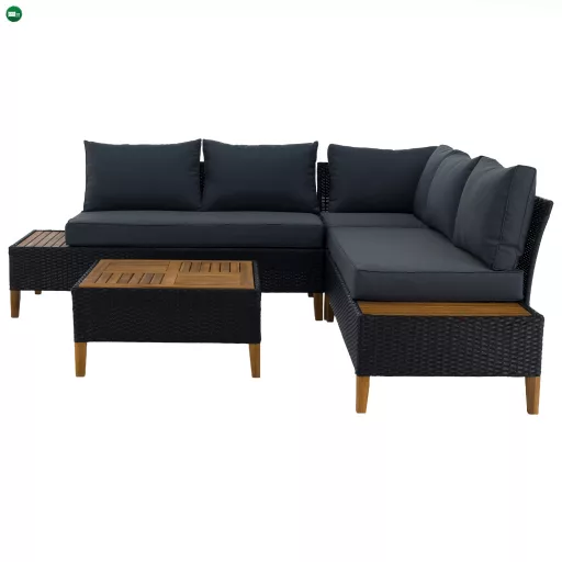 Kerti rattan szett, akácfa, fekete/szürke/természetes, MALKOM