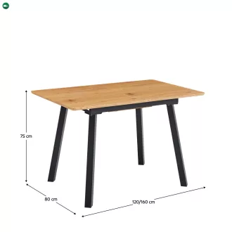   Kihúzható étkezőasztal, 120-160x80 cm, tölgy/fekete, DIRAN