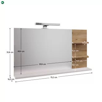   Tükör LED világítással, fehér/artisan tölgy, CUBO CUB04