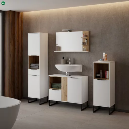 Tükör LED világítással, fehér/artisan tölgy, CUBO CUB04