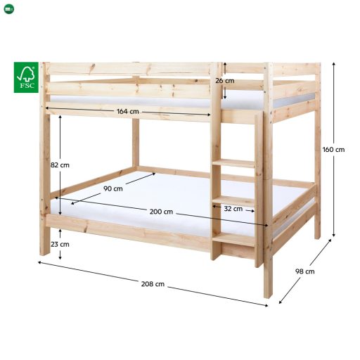 Emeletes ágy biztonsági akadállyal, 90x200, lucfenyő, BENY