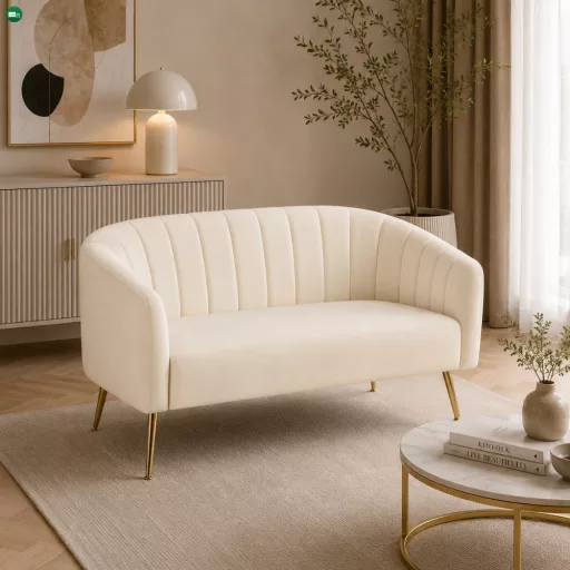 Design kétszemélyes kanapé, bézs Velvet szövet/gold króm-arany, BAGY