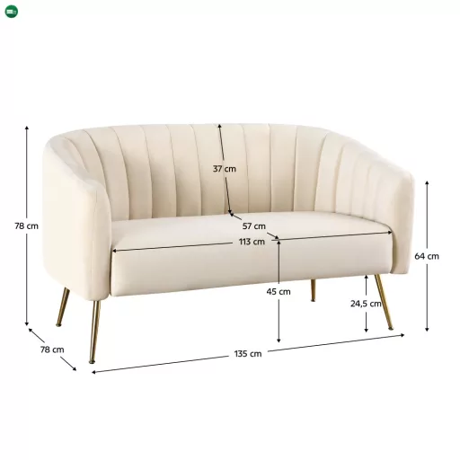 Design kétszemélyes kanapé, bézs Velvet szövet/gold króm-arany, BAGY