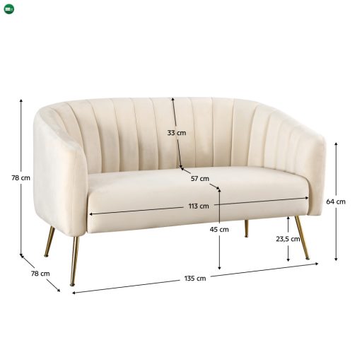 Design kétszemélyes kanapé, bézs Velvet szövet/gold króm-arany, BAGY