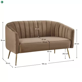   Design kétszemélyes kanapé, barna Velvet szövet/gold króm-arany, BAGY