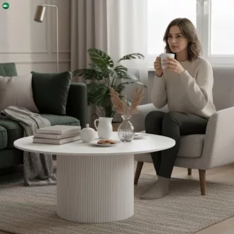   Dohányzóasztal, fehér márvány/MDF, átmérő 80 cm, MAHIR TYP 1
