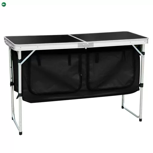 Összecsukható kempingasztal rendszerezővel, 120 cm, alumínium/MDF, KEPI TYP 3