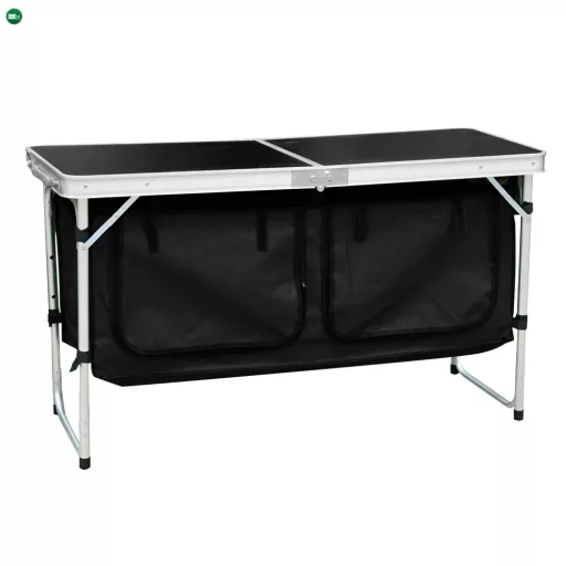 Összecsukható kempingasztal rendszerezővel, 120 cm, alumínium/MDF, KEPI TYP 3