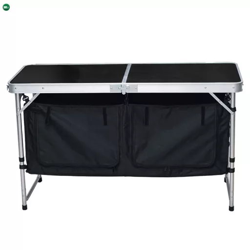 Összecsukható kempingasztal rendszerezővel, 120 cm, alumínium/MDF, KEPI TYP 3
