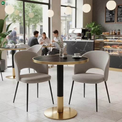 Bisztró asztal étkezőbe, fekete márvány/fekete/arany, átmérő 80 cm, OREN