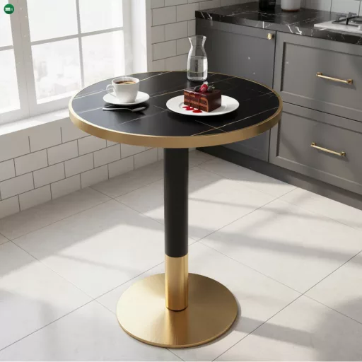 Bisztró asztal étkezőbe, fekete márvány/fekete/arany, átmérő 80 cm, OREN