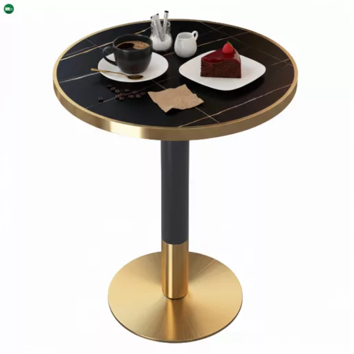 Bisztró asztal étkezőbe, fekete márvány/fekete/arany, átmérő 80 cm, OREN