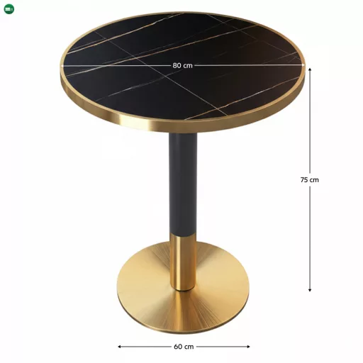Bisztró asztal étkezőbe, fekete márvány/fekete/arany, átmérő 80 cm, OREN