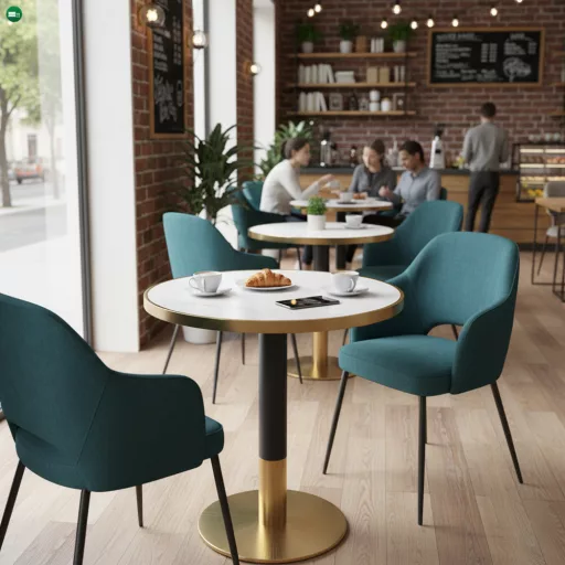 Bisztró asztal étkezőbe, fehér márvány/fekete/arany, átmérő 80 cm, OREN