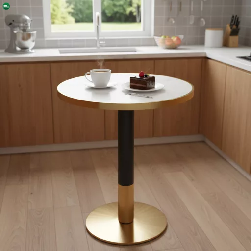 Bisztró asztal étkezőbe, fehér márvány/fekete/arany, átmérő 80 cm, OREN