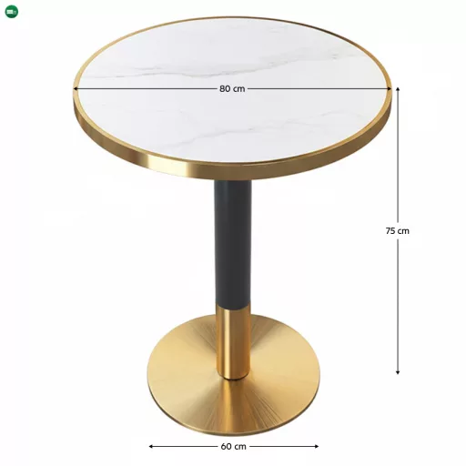 Bisztró asztal étkezőbe, fehér márvány/fekete/arany, átmérő 80 cm, OREN