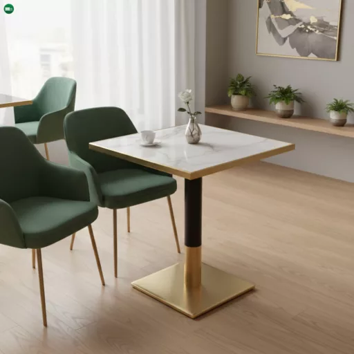 Bisztró asztal étkezőbe, fehér márvány/fekete/arany, 70x70 cm, PRESTON