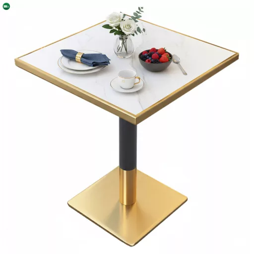 Bisztró asztal étkezőbe, fehér márvány/fekete/arany, 70x70 cm, PRESTON