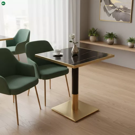 Bisztró asztal étkezőbe, fekete márvány/fekete/arany, 70x70 cm, PRESTON